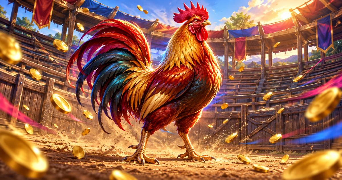 Gallo de pelea de plumaje dorado y rojo en el centro de un palenque de madera